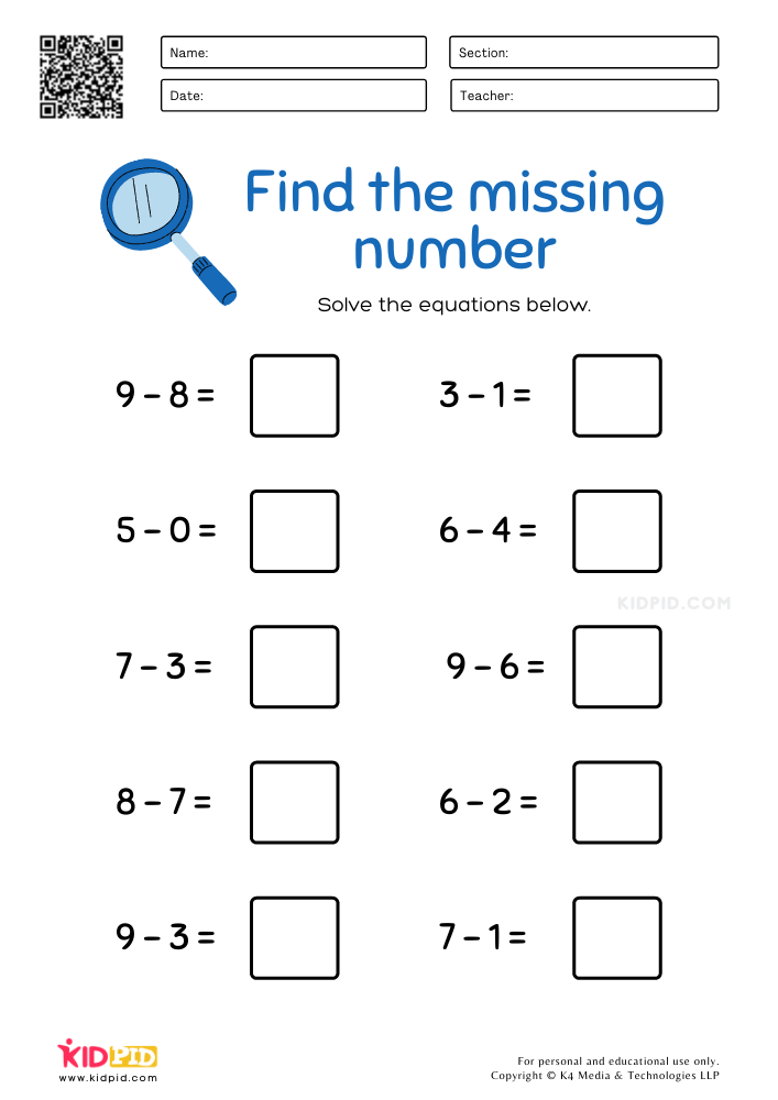 WORKSHEET 4 'Find the missing number' Subtraction Worksheets for Kids