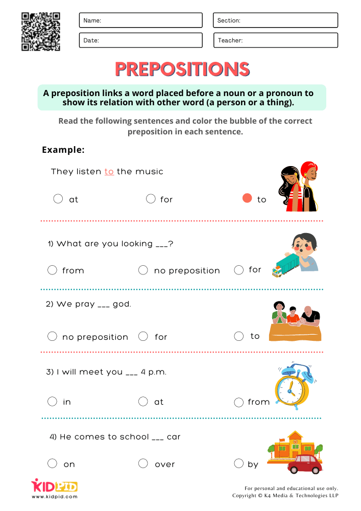 WORKSHEET 4 Identify Correct Prepositions Worksheets for Grade 1