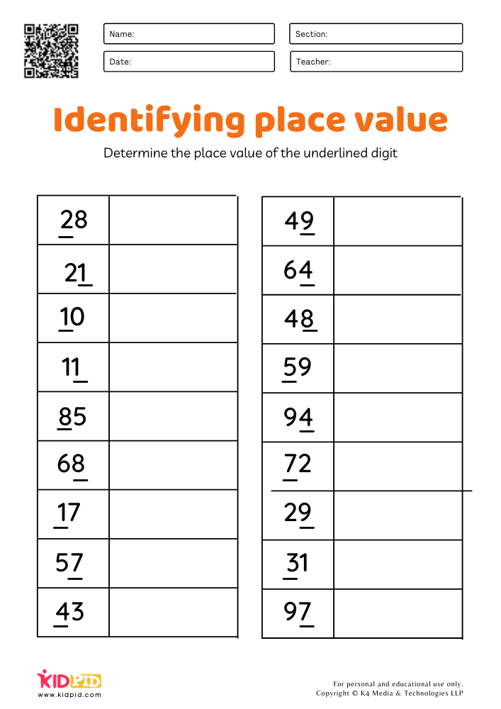 Identifying place value worksheets for Grade 1