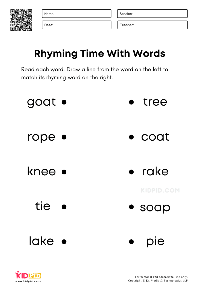 Matching Rhyming Words Worksheets for Kindergarten