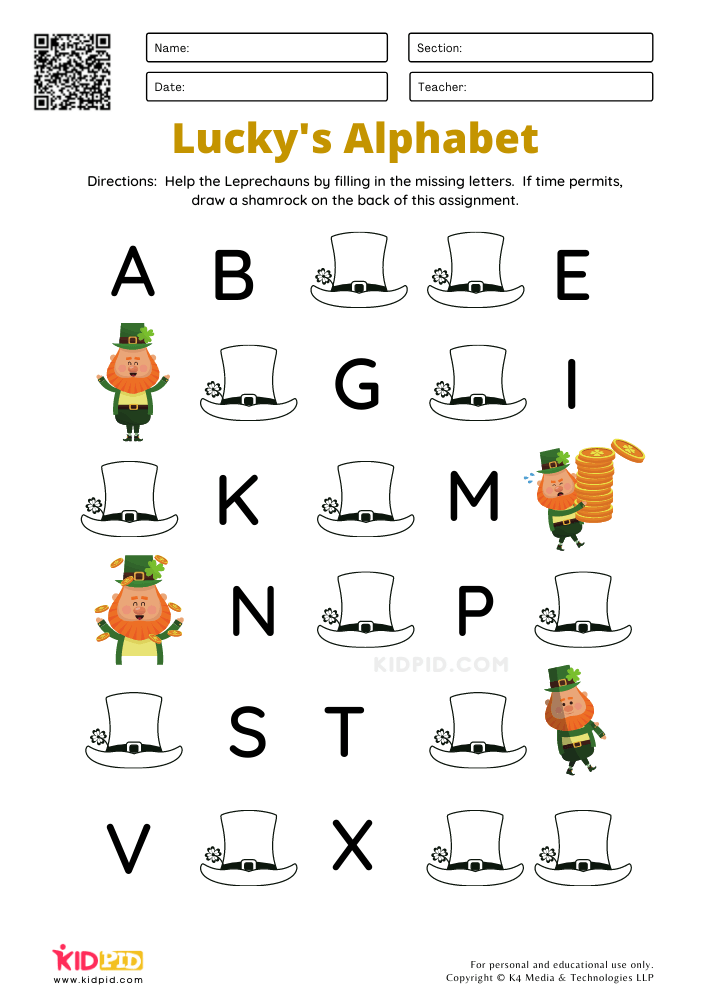Shamrock Missing Alphabet Practice Worksheets for Kids