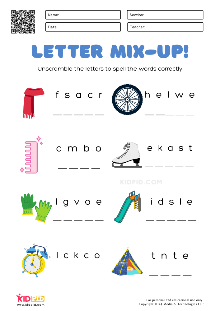 Unscramble The Letters Worksheets for Kids