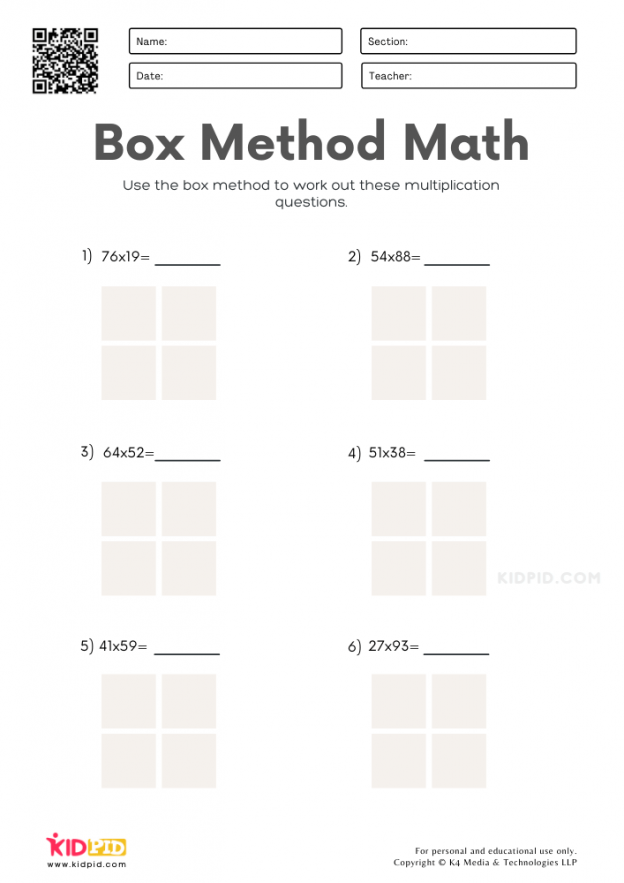 Multiplication Using Box Method Worksheets