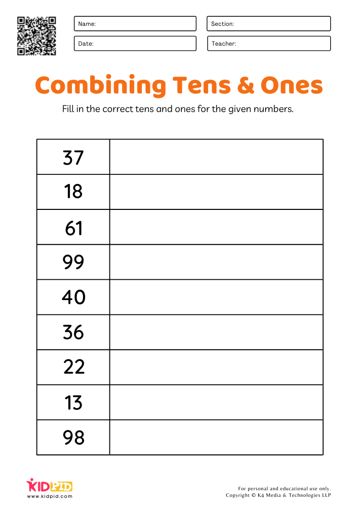 Combining Tens &amp; Ones Place Value Worksheets for Grade 1