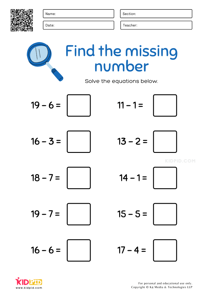 WORKSHEET 5 'Find the missing number' Subtraction Worksheets for Kids