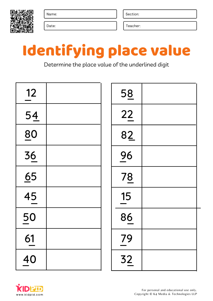Identifying place value worksheets for Grade 1, also suitable for grade 2