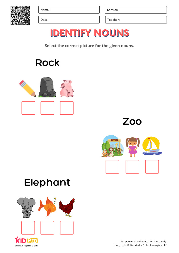 Nouns With Pictures Worksheets for Grade 1
