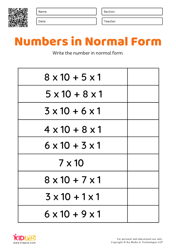 Numbers in normal form worksheets for Grade 1