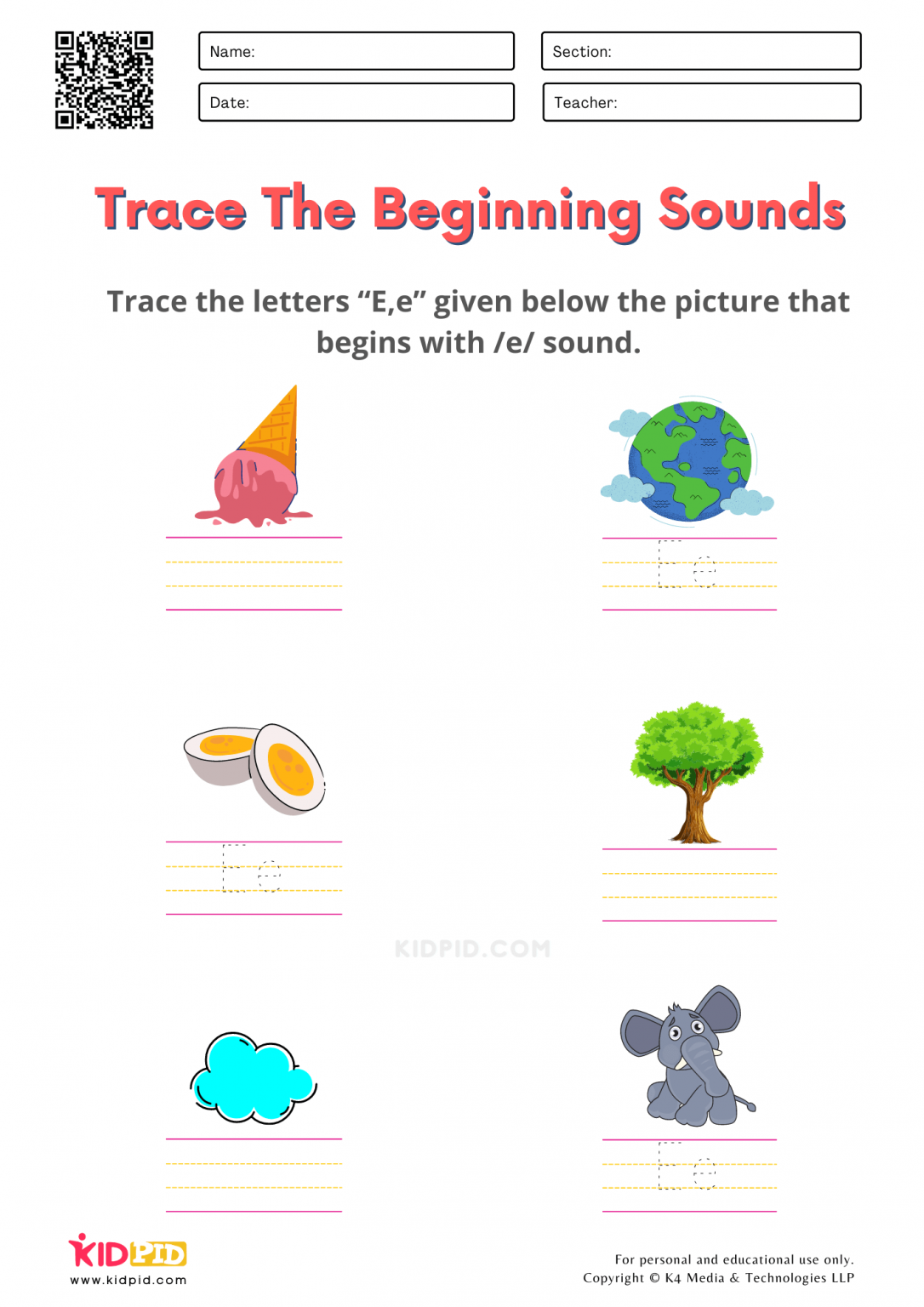 Trace The Beginning Sound Worksheets for Kindergarten - Kidpid