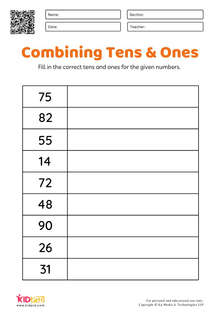 Combining Tens &amp; Ones Place Value Worksheets for Grade 1