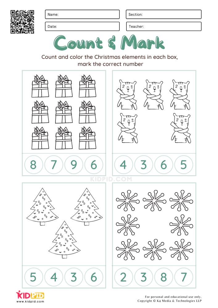 Count &amp; Mark Numbers Christmas Worksheets for Kids
