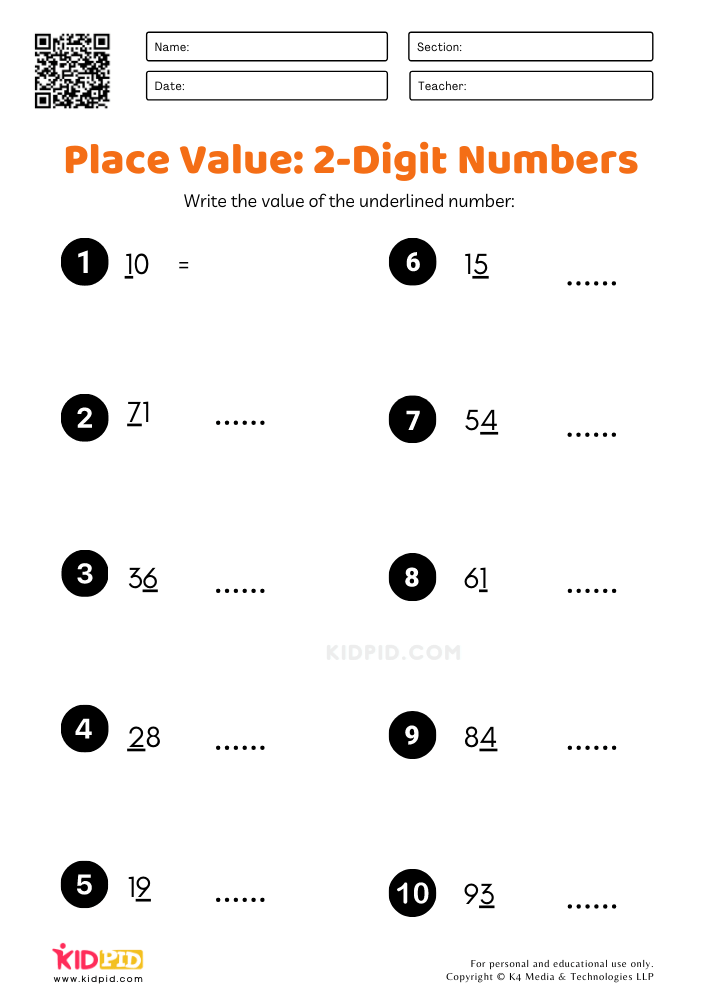 Find Value of Underlined Number (2-Digit)- Worksheets for Grade 1