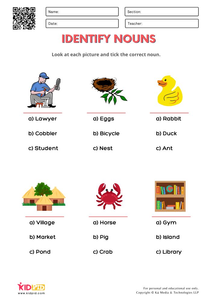 Identify Noun Worksheets for Grade 1