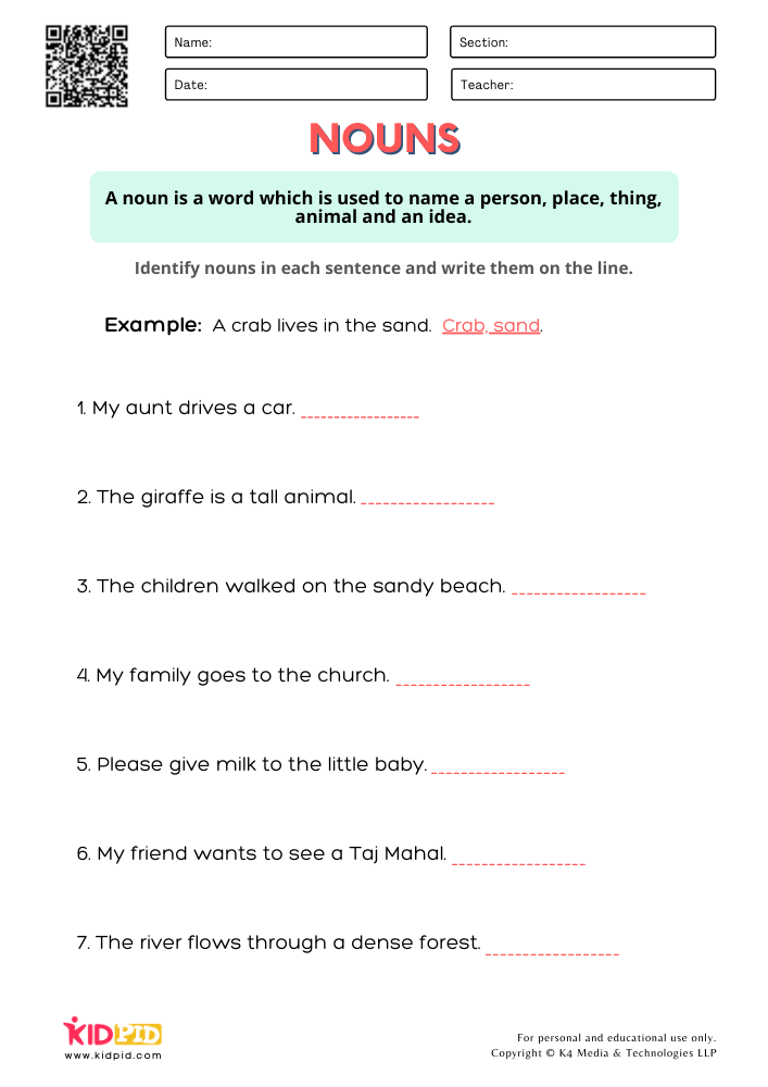 Identify &amp; Write Noun Worksheets for Grade 1