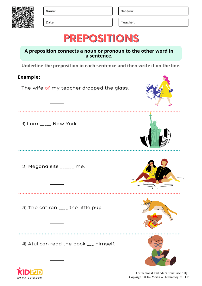 WORKSHEET 6 Identify Correct Prepositions Worksheets for Grade 1