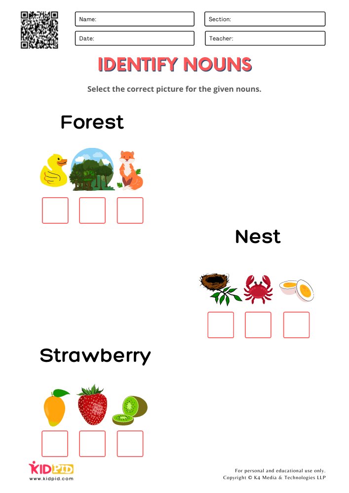 Nouns With Pictures Worksheets for Grade 1