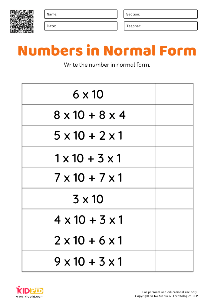 Numbers in normal form worksheets for Grade 1