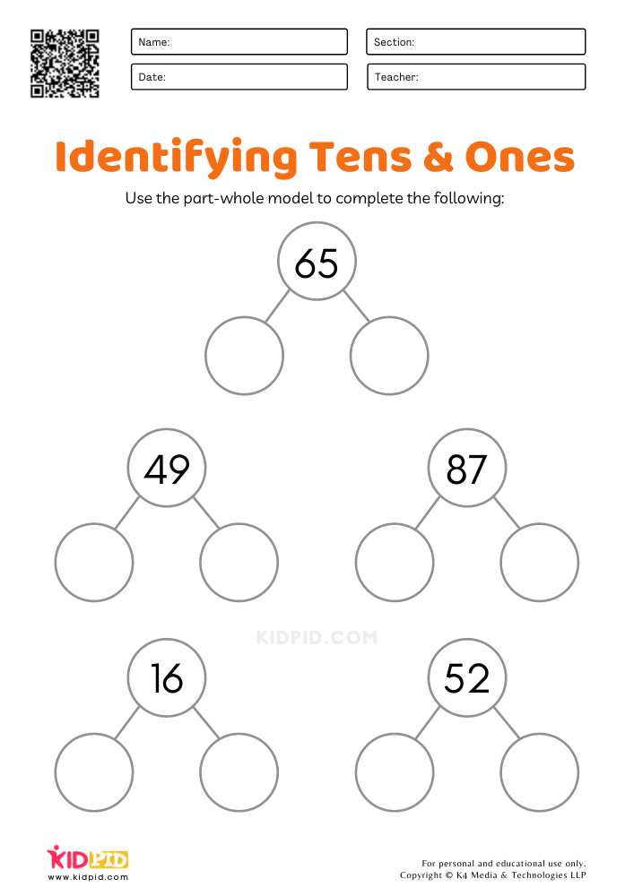 Tens &amp; Ones Part-Whole Model Worksheets for Grade 1
