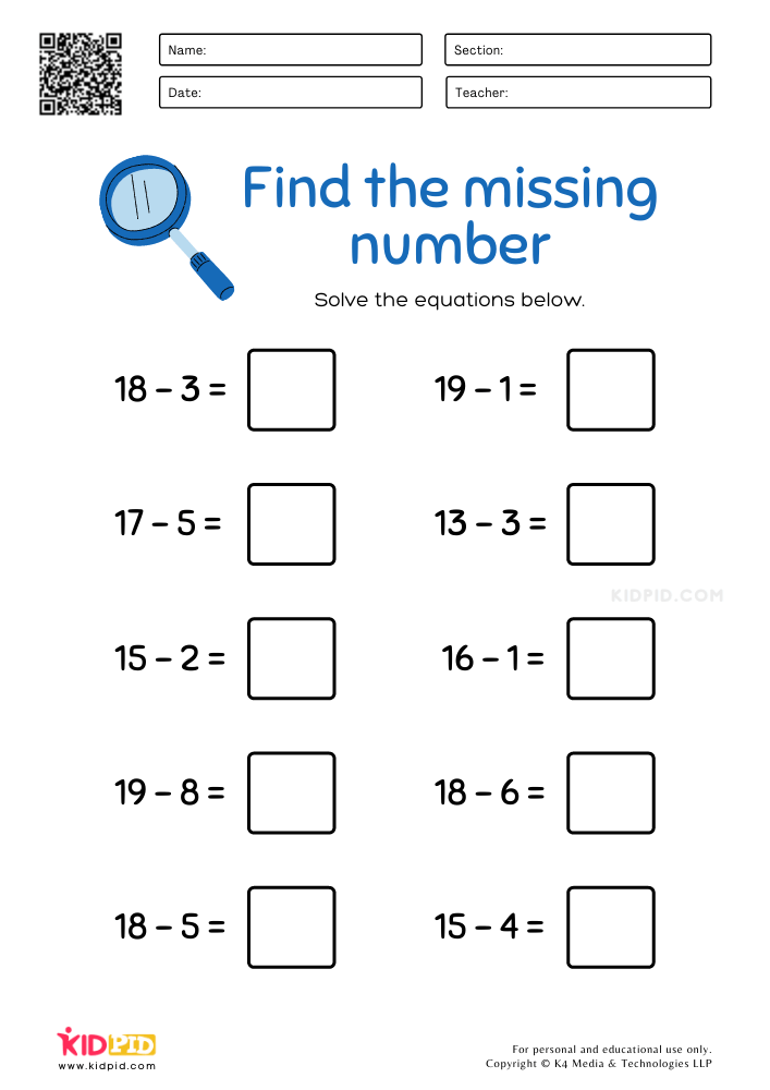 WORKSHEET 7 'Find the missing number' Subtraction Worksheets for Kids