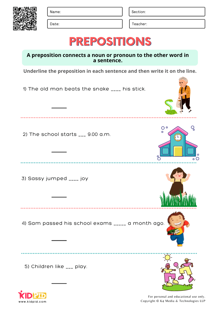 WORKSHEET 7 Identify Correct Prepositions Worksheets for Grade 1