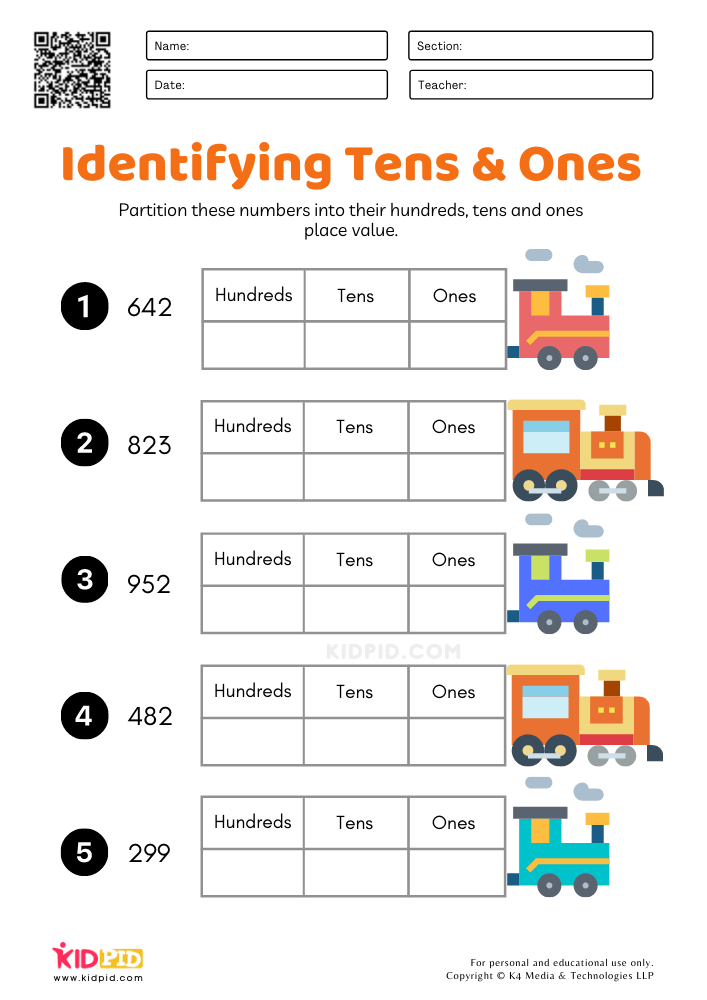 Identifying Tens &amp; Ones Worksheets for Kids (Grade 2)