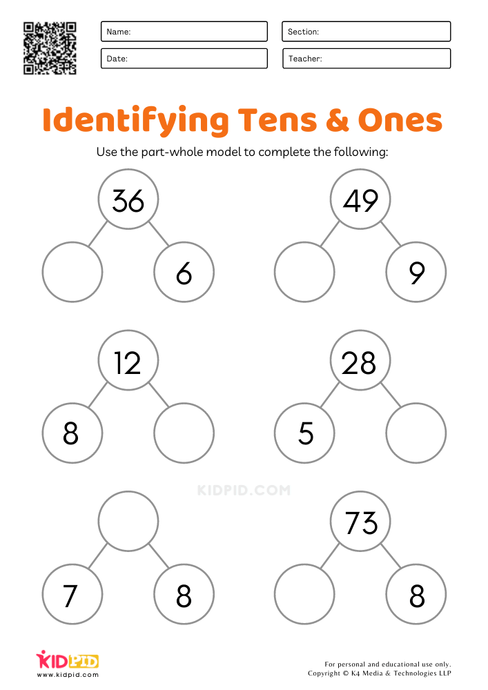 Tens &amp; Ones Part-Whole Model Worksheets for Grade 1