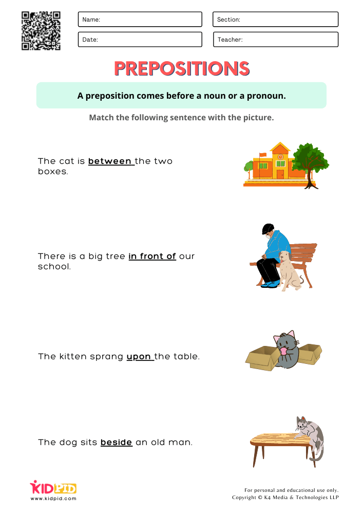 WORKSHEET 8 Identify Correct Prepositions Worksheets for Grade 1