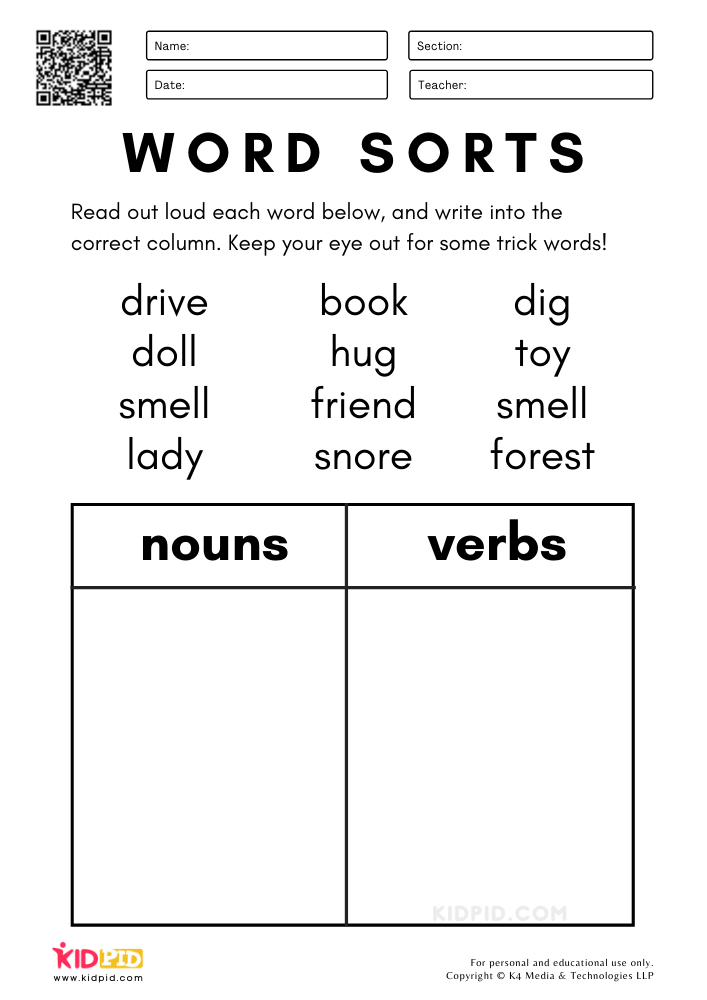 Word Sorts Nouns And Verbs Worksheets For Kids Kidpid