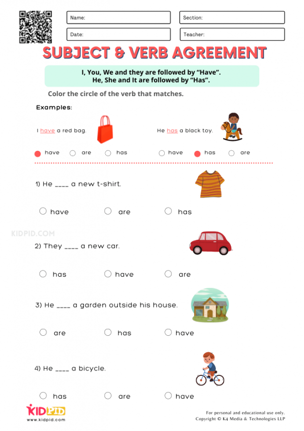 High School Subjects And Verb Worksheets Pdf
