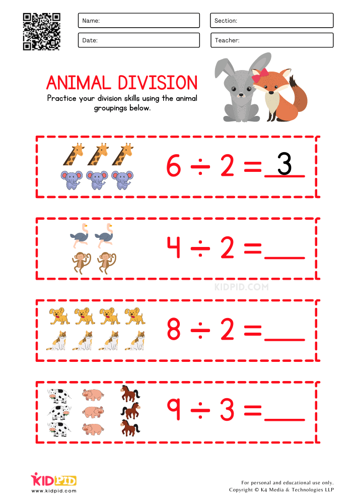 Animal Division Printable Worksheets