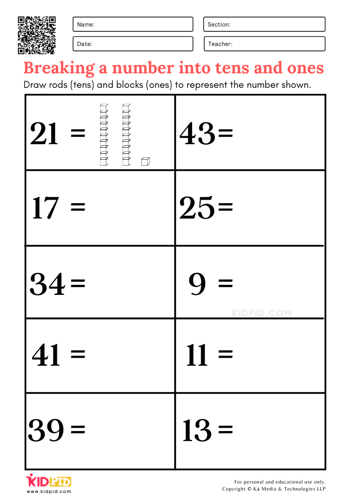 Breaking A Number Into Tens And Ones Printable Worksheets For Grade 1 Kidpid