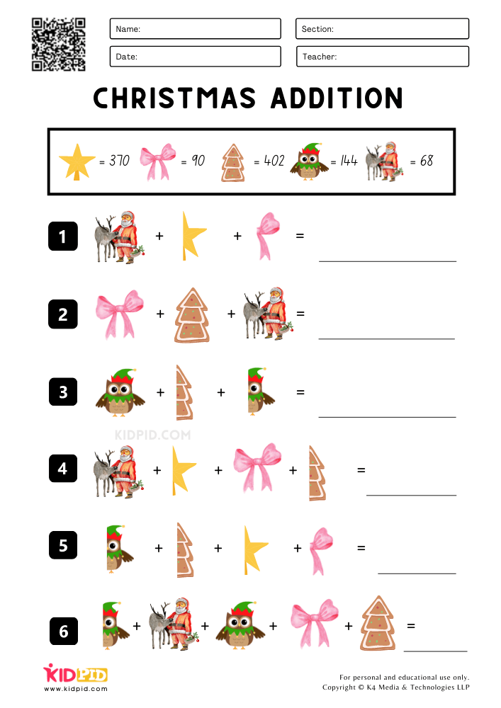 Christmas Addition Printable Worksheets for Grade 4