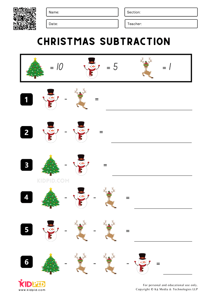 Christmas Subtraction Printable Worksheets for Grade 1