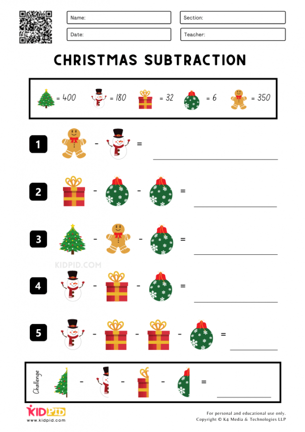 Christmas Subtraction Worksheets