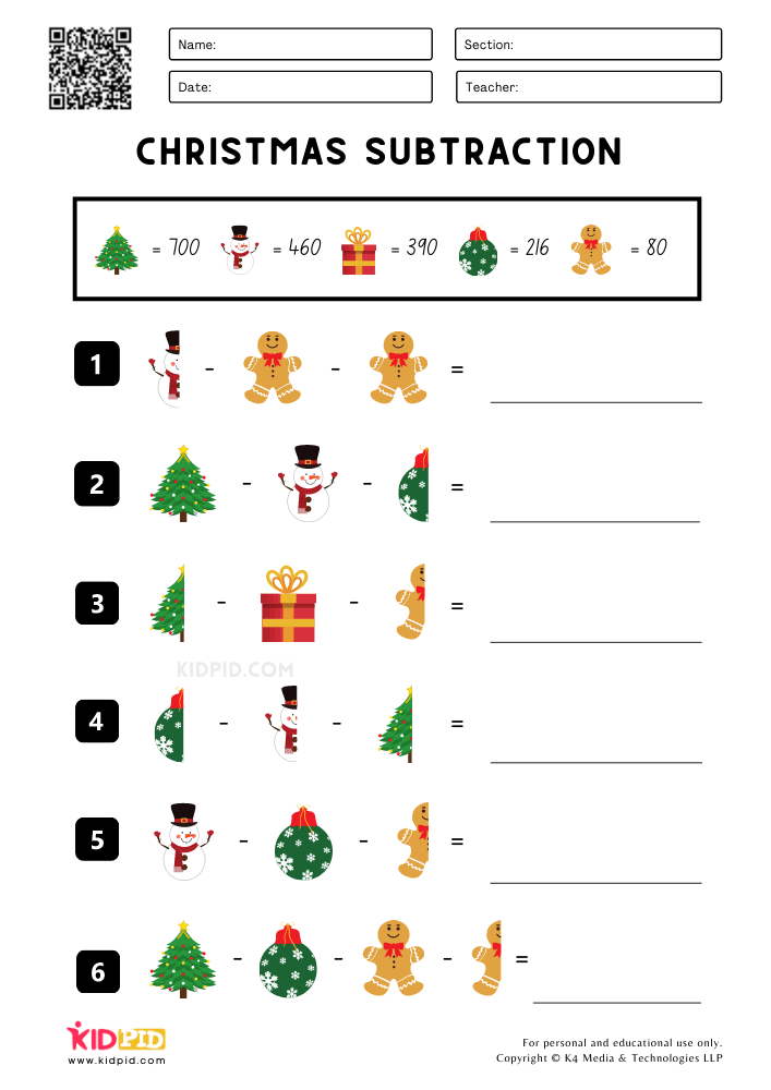 Christmas Subtraction Printable Worksheets for Grade 4