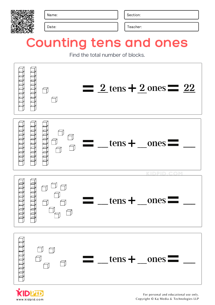 Counting using base 10 blocks Printable Worksheets for Grade 1