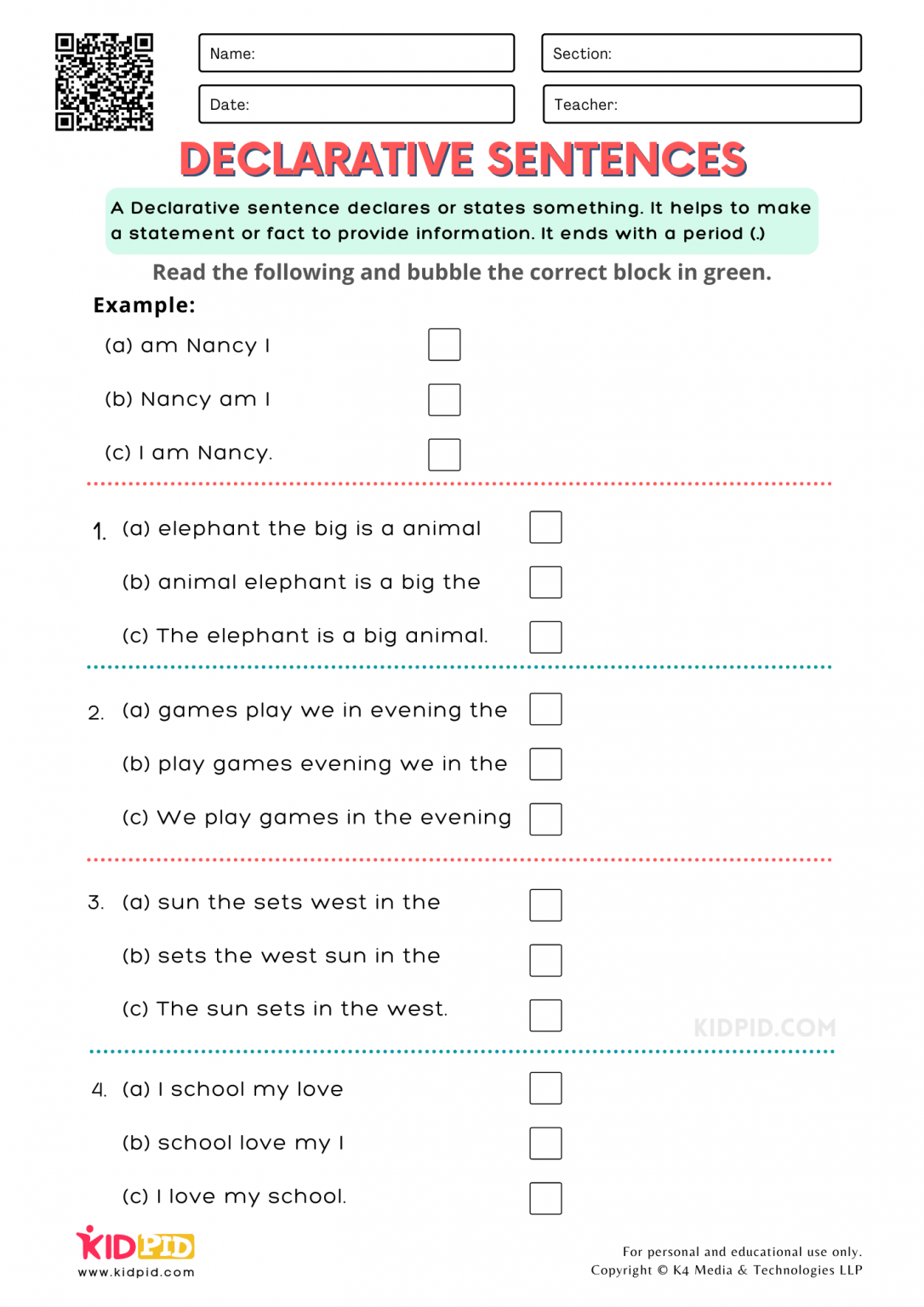 Declarative Sentence Free Printable Worksheets For Grade 1 Kidpid