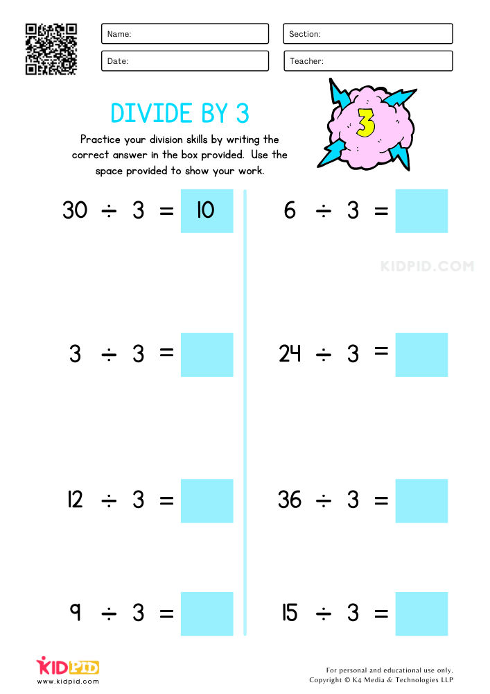 Divide by 3 Printable Worksheets