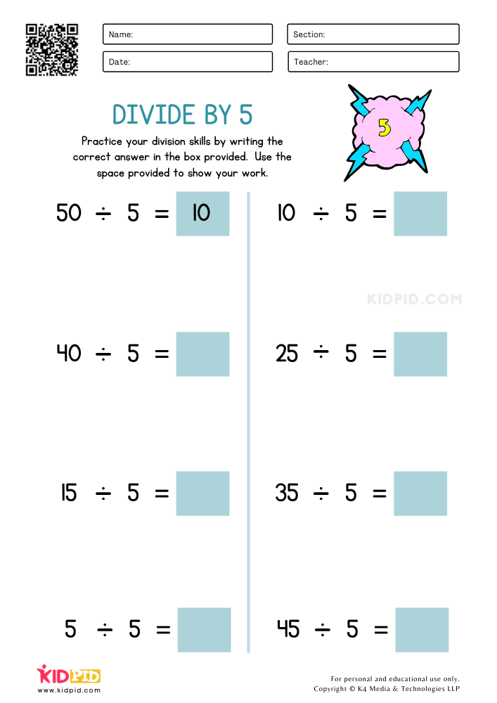 Divide by 5 Printable Worksheets