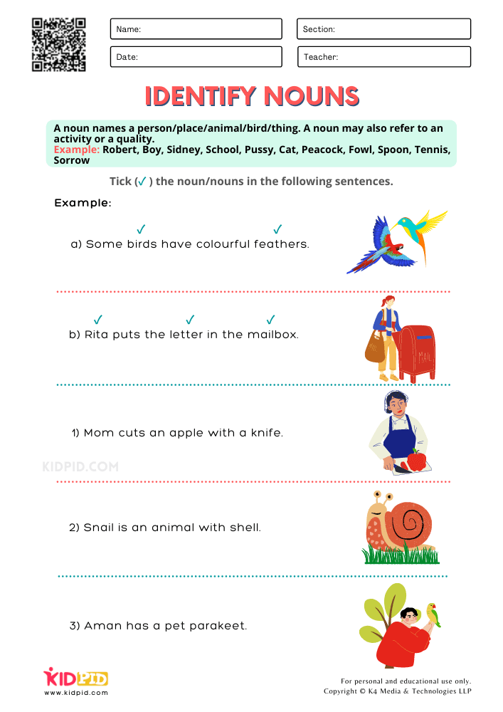 Find Nouns in Sentences Worksheets for Grade 2 - Kidpid
