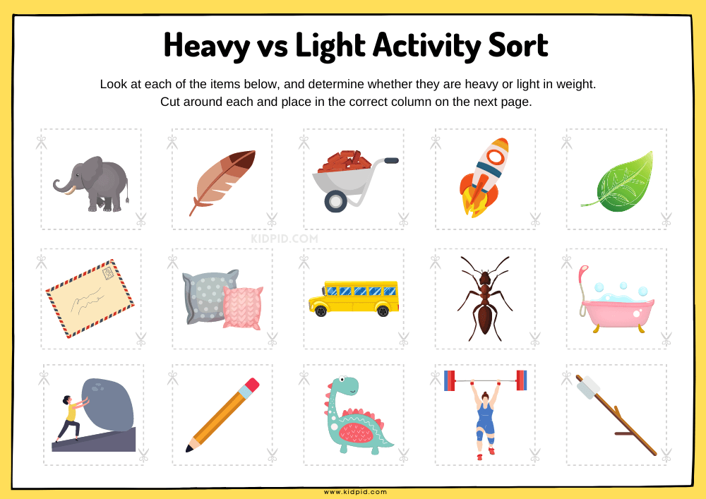 Heavy vs Light Sorting Activity Worksheets