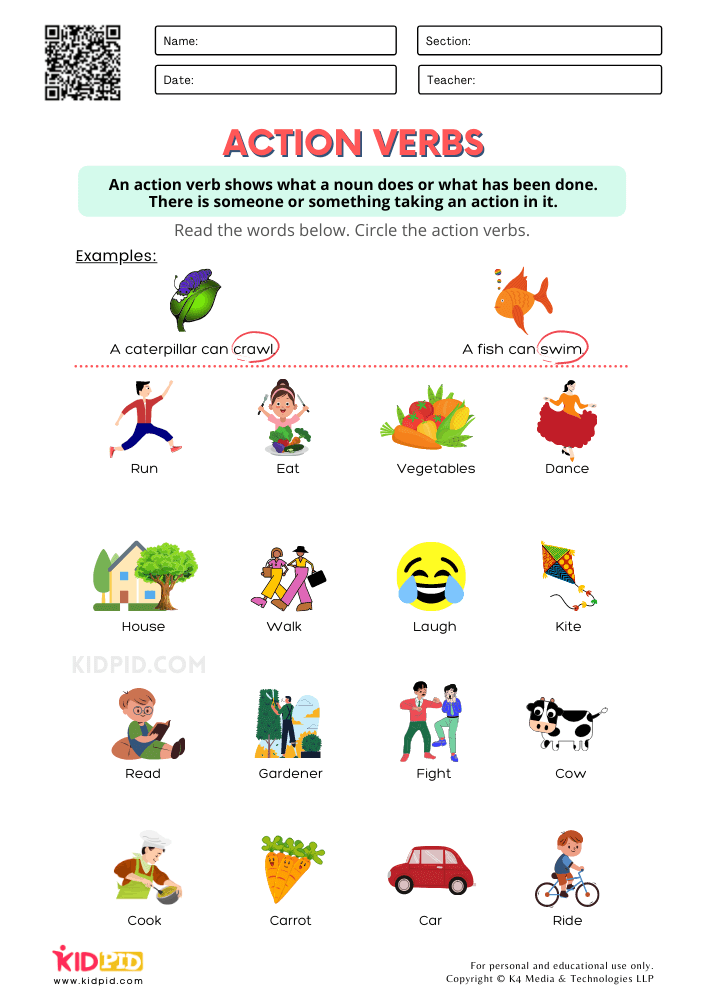 Identify Action Verbs Printable Worksheets For Grade 1 Kidpid