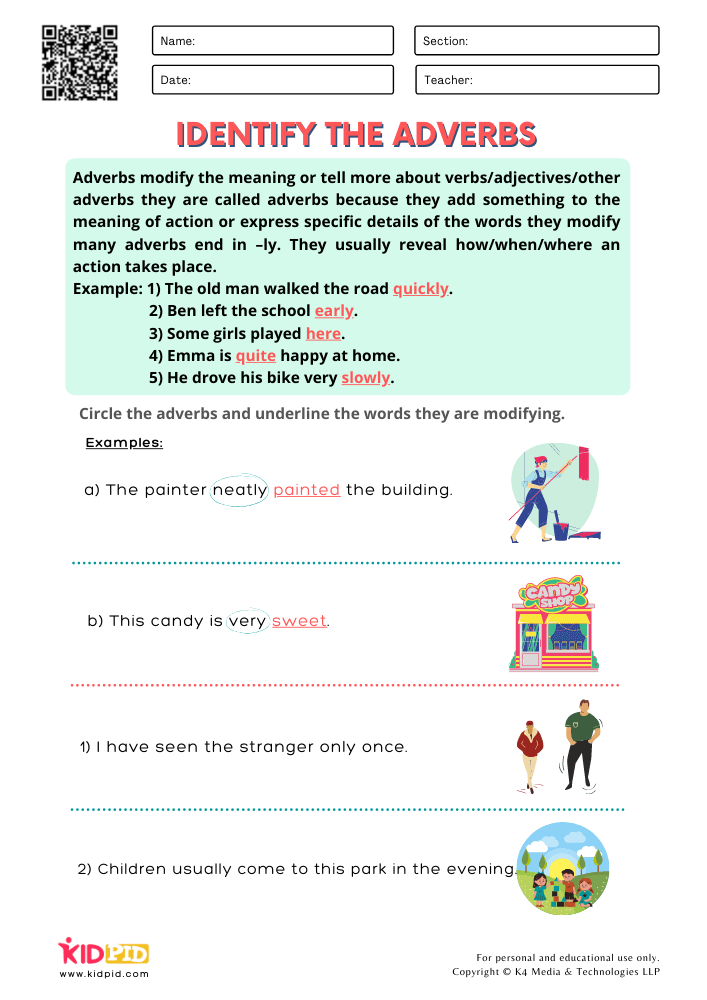 WORKSHEET 2 Identify the Adverbs Free Printable Worksheets for Grade 1