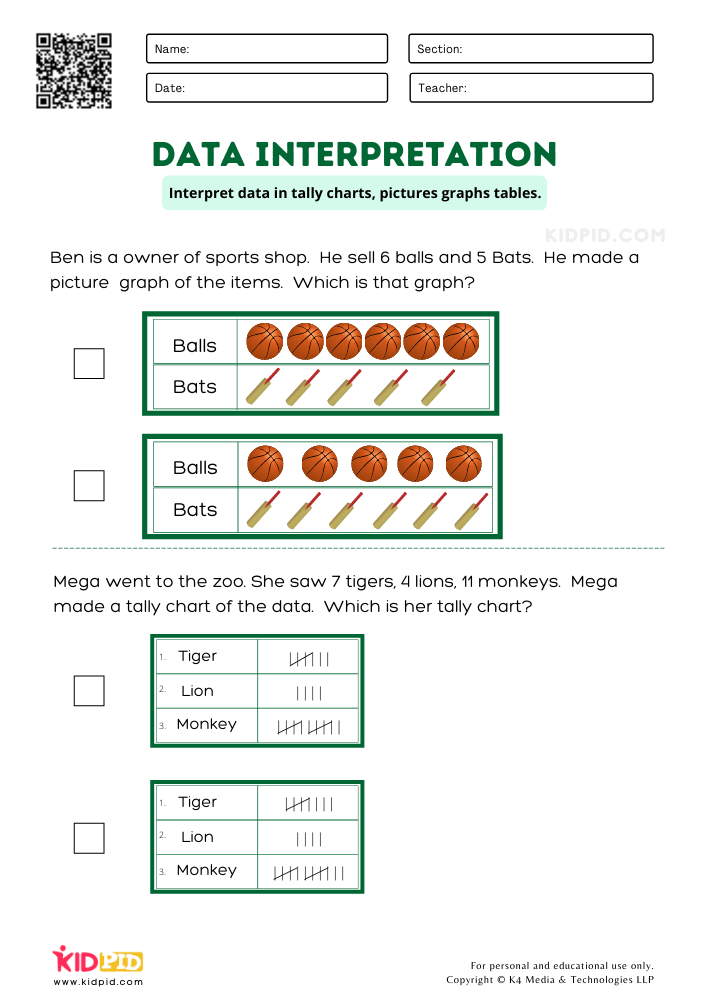Interpret Data Printable Worksheets for Grade 1