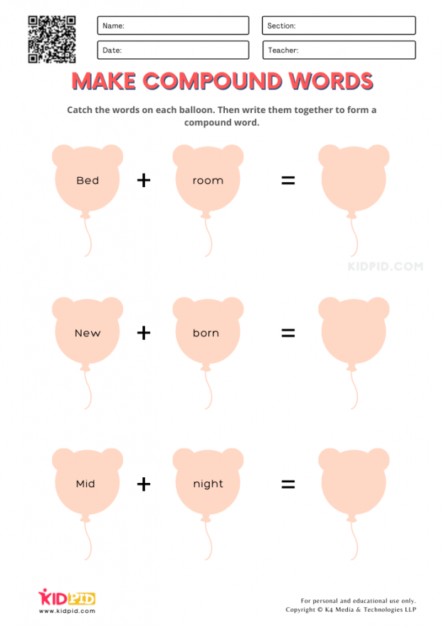 Make Compound Words Printable Worksheets for Grade 1 - Kidpid