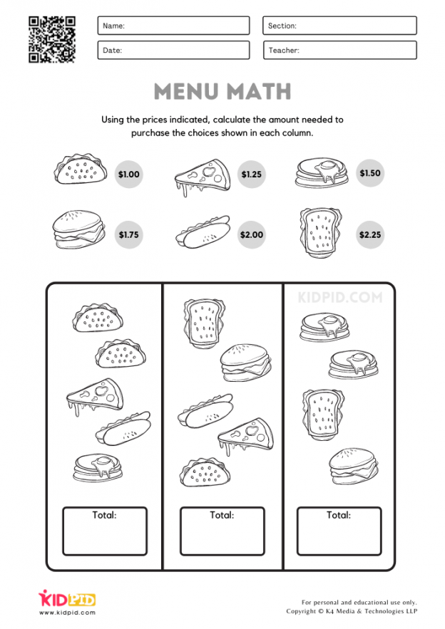 Menu Math Printable Worksheets For Kids Kidpid