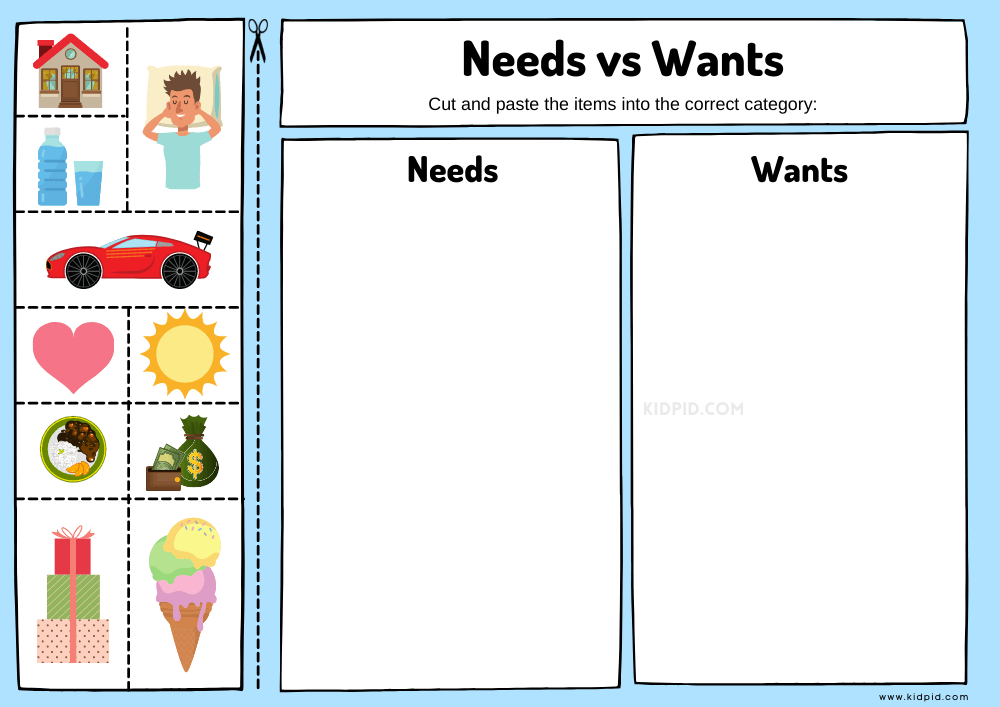 Needs and Wants Free Printable Worksheet for Kids - Kidpid