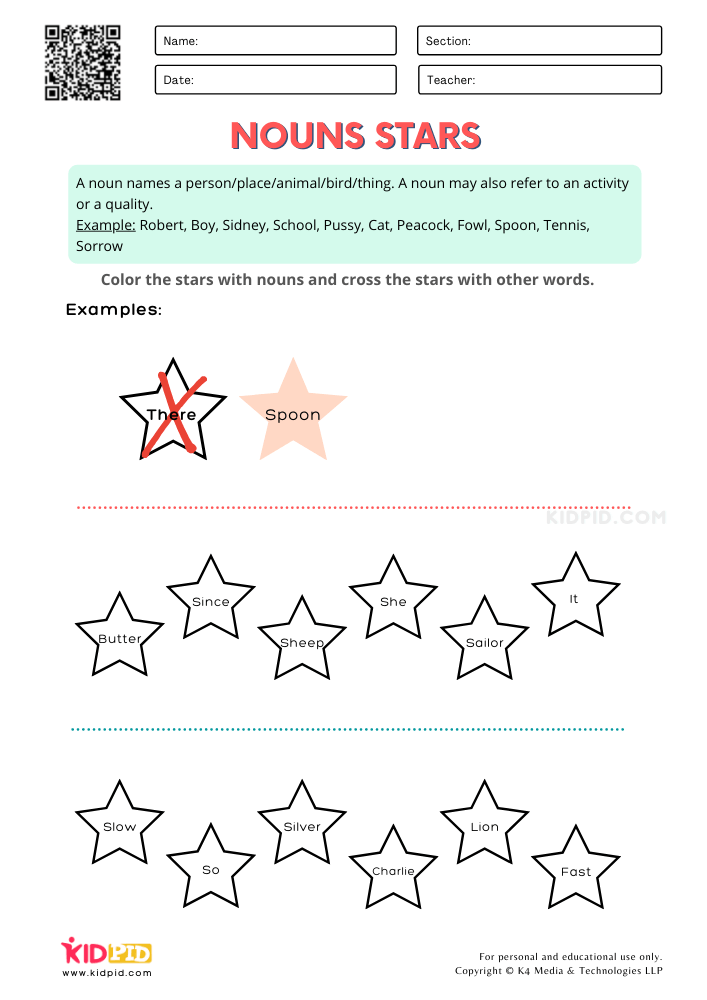 WORKSHEET 1 Nouns Stars Printable Worksheets for Grade 2