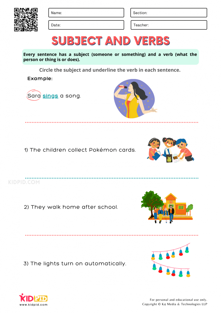 Subject and Verbs Printable Worksheets for Grade 1 - Kidpid