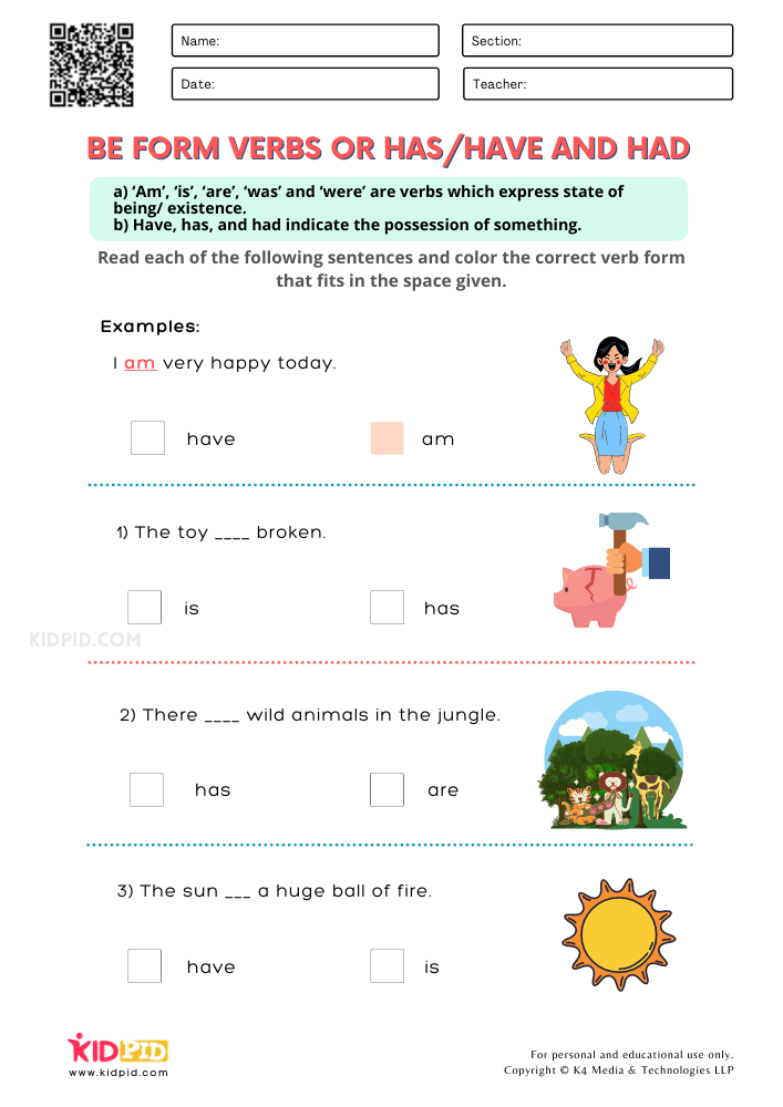 Use of Has and Have Worksheets for Grade 1